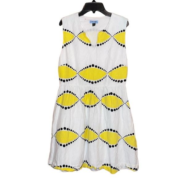 •CYNTHIA ROWLEY•WHITE/YELLOW/BLACK SUN DRESS SIZE 8 - Picture 1 of 10